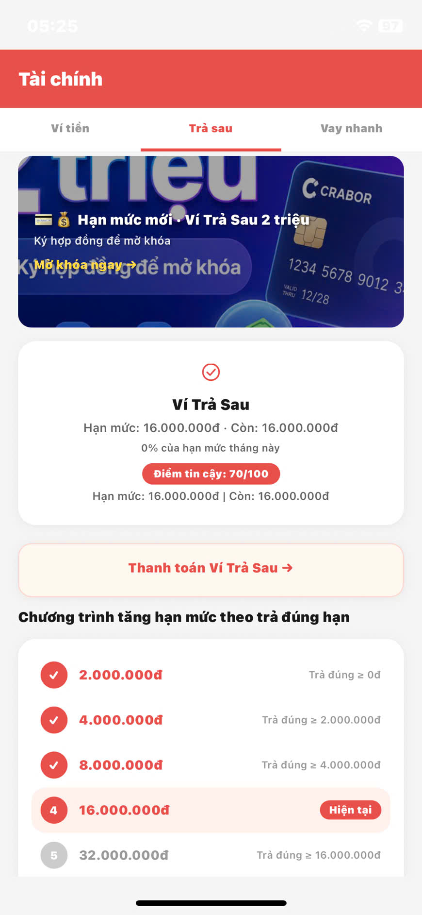 Ví Trả Sau — hạn mức và hóa đơn cũ