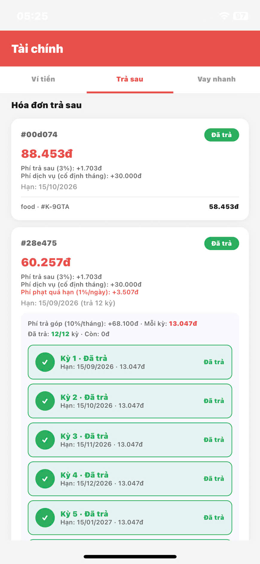 Hóa đơn trả sau đã thanh toán