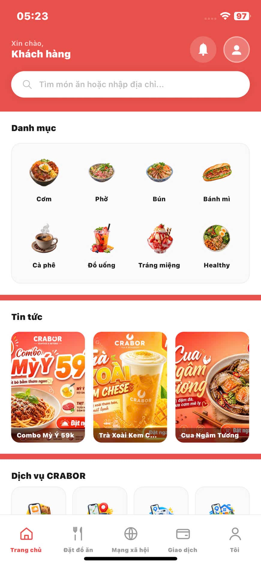 Màn hình Trang chủ ứng dụng CRABOR — danh mục, tin tức, dịch vụ