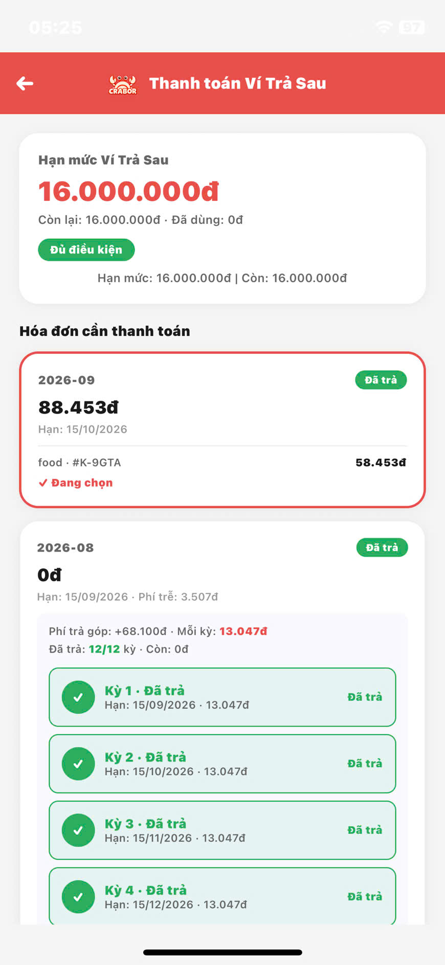 Thanh toán — hạn mức và hóa đơn tháng này