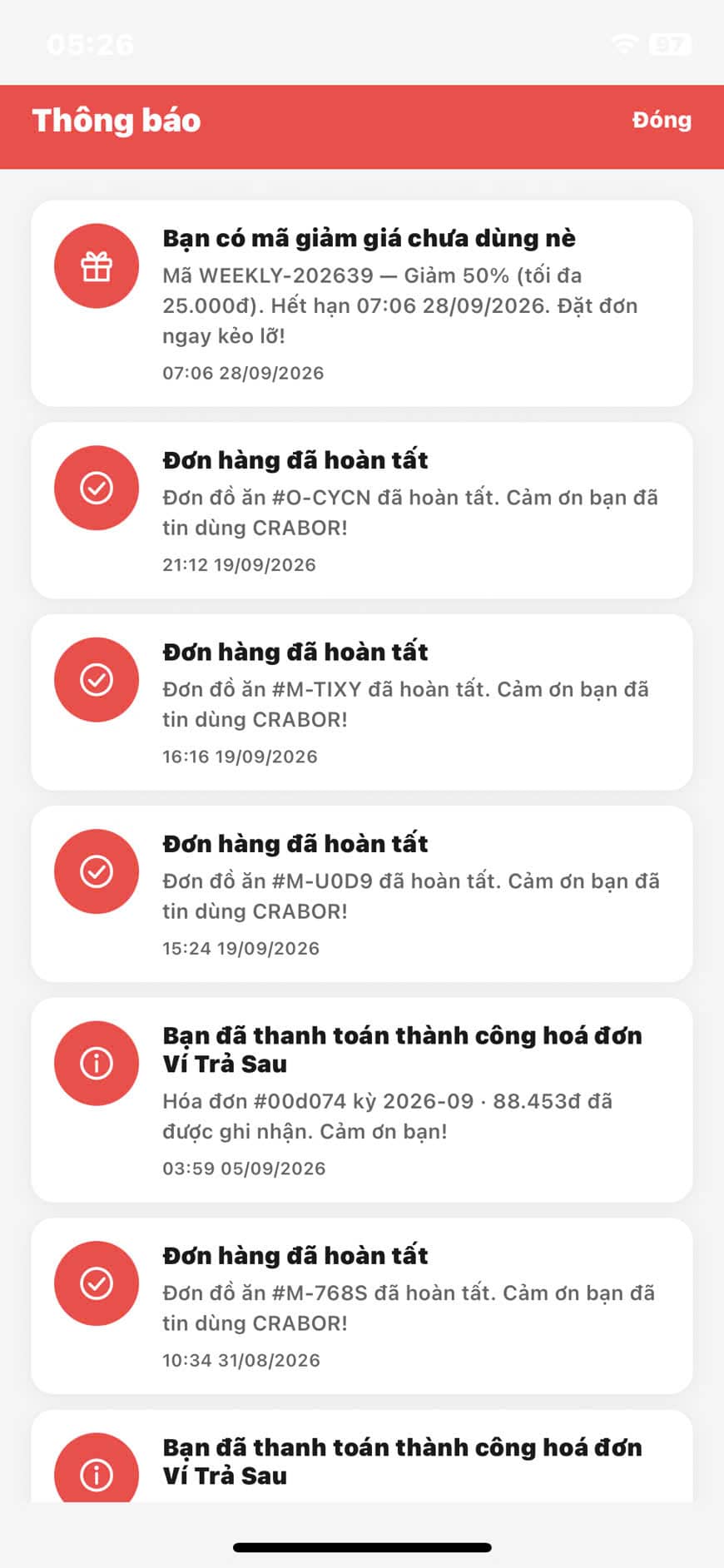 Danh sách thông báo đơn hàng