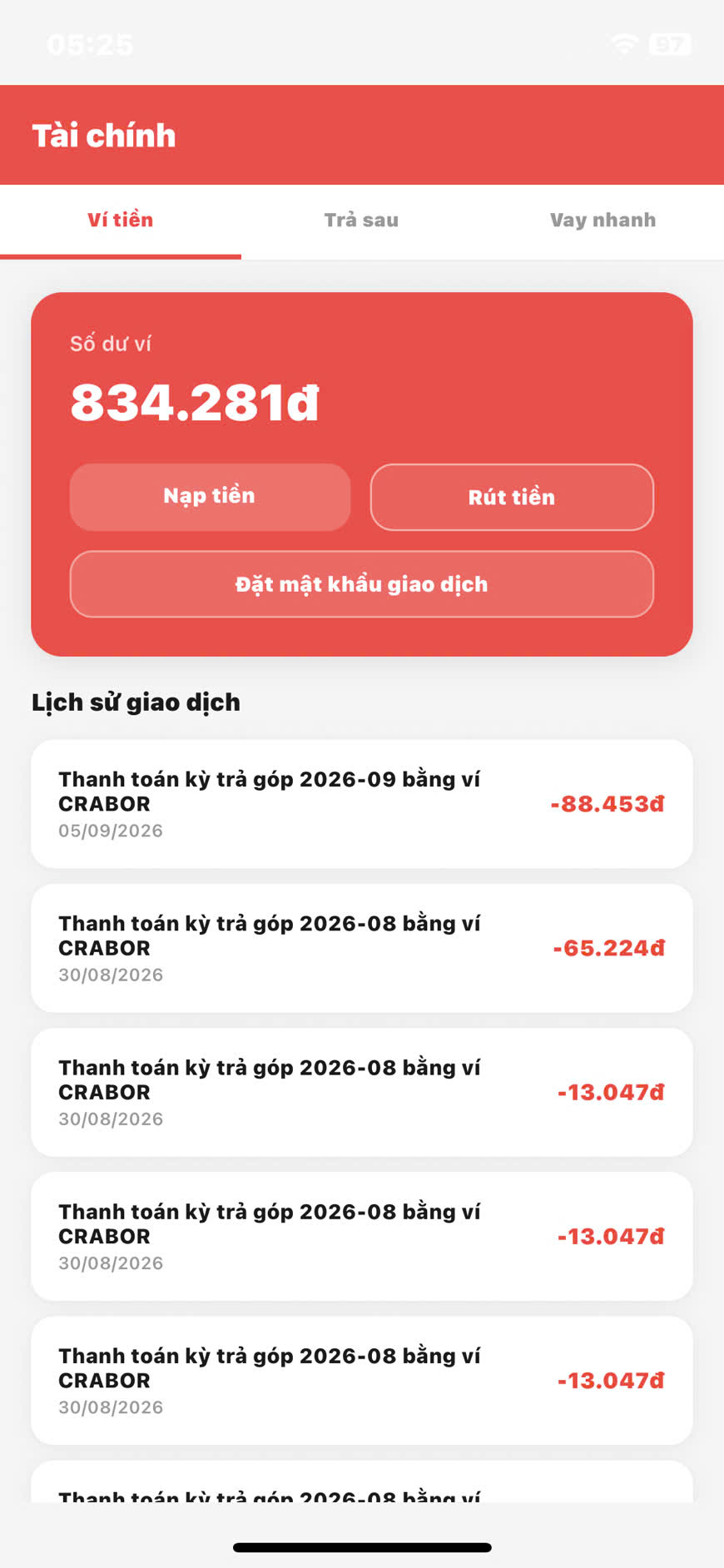 Tài chính — số dư 34.281đ và lịch sử giao dịch