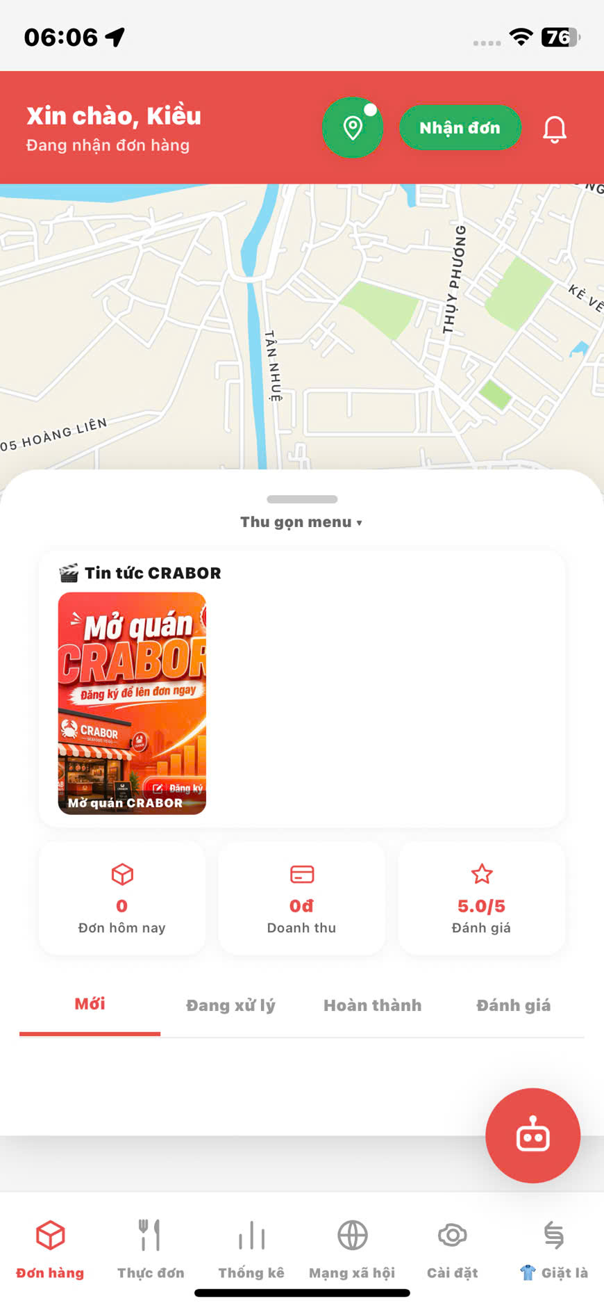Màn hình Bán hàng của app Đối tác — bản đồ, doanh thu và các nhóm đơn hàng