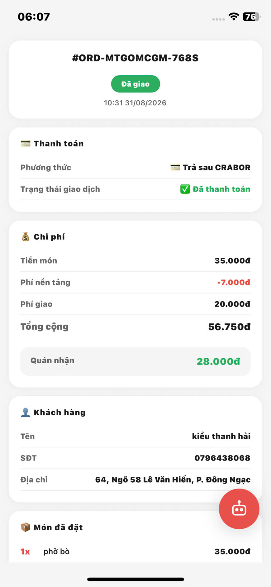 Chi tiết đơn — phí dịch vụ và phí hàng thành