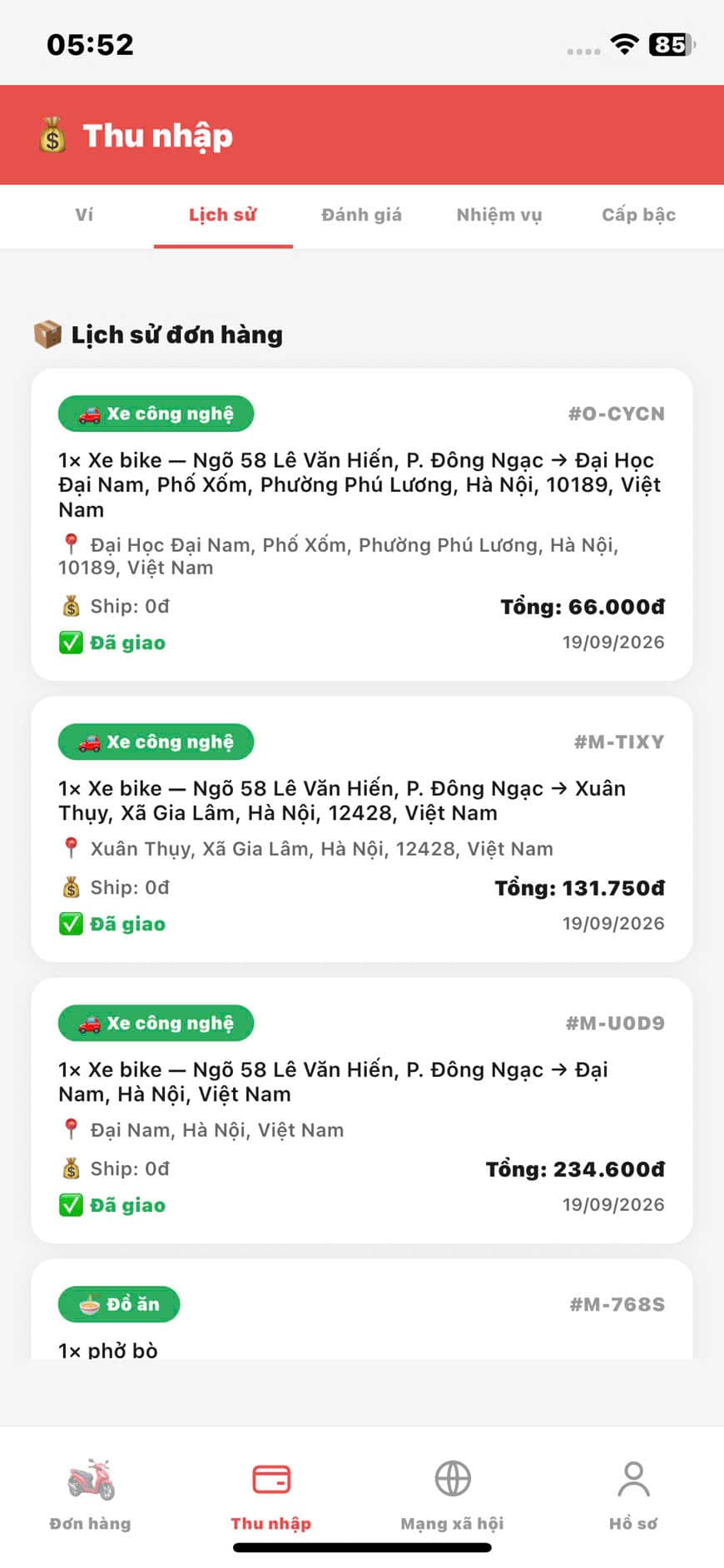 Thu nhập — lịch sử đơn hàng đã nhận