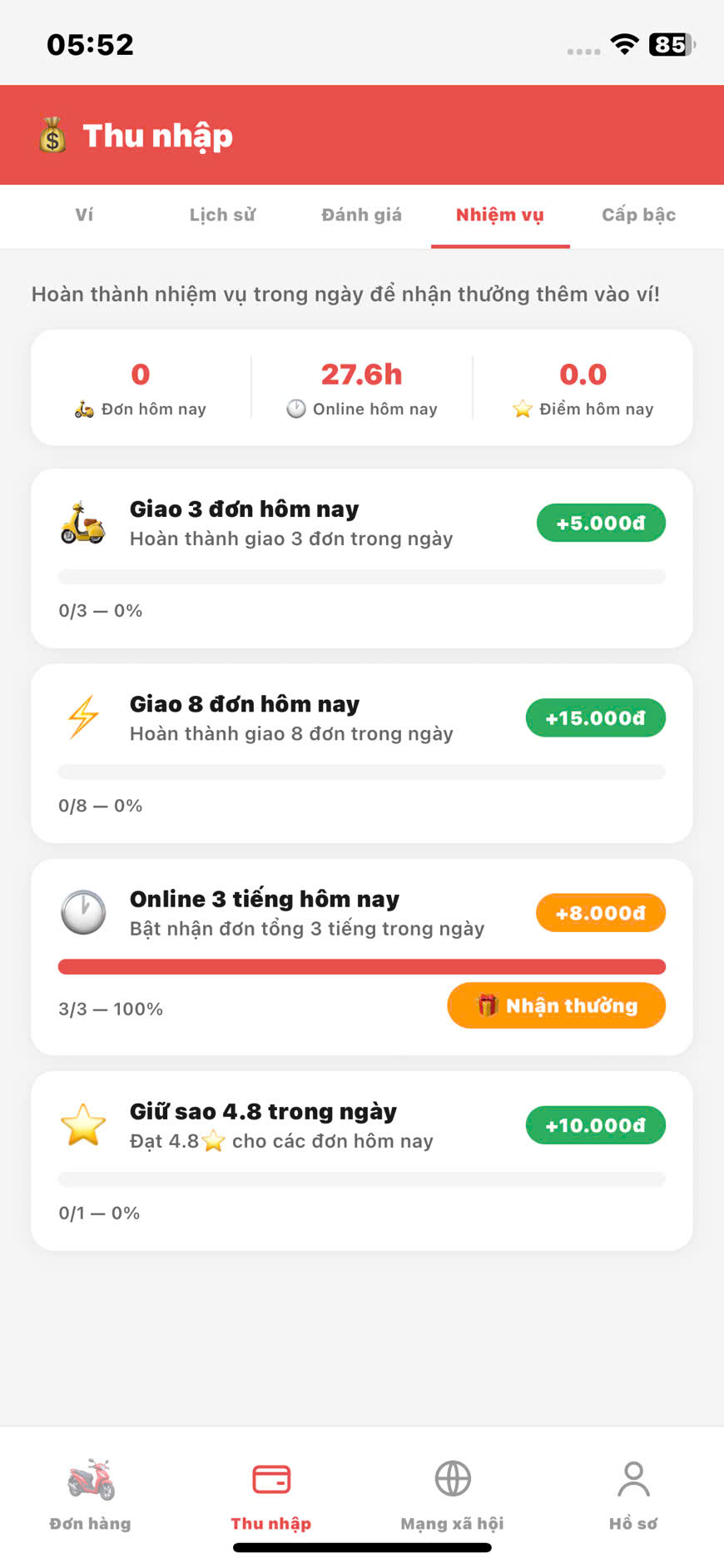 Màn hình Thu nhập của app Shipper — bảng tổng quan theo tuần và tháng