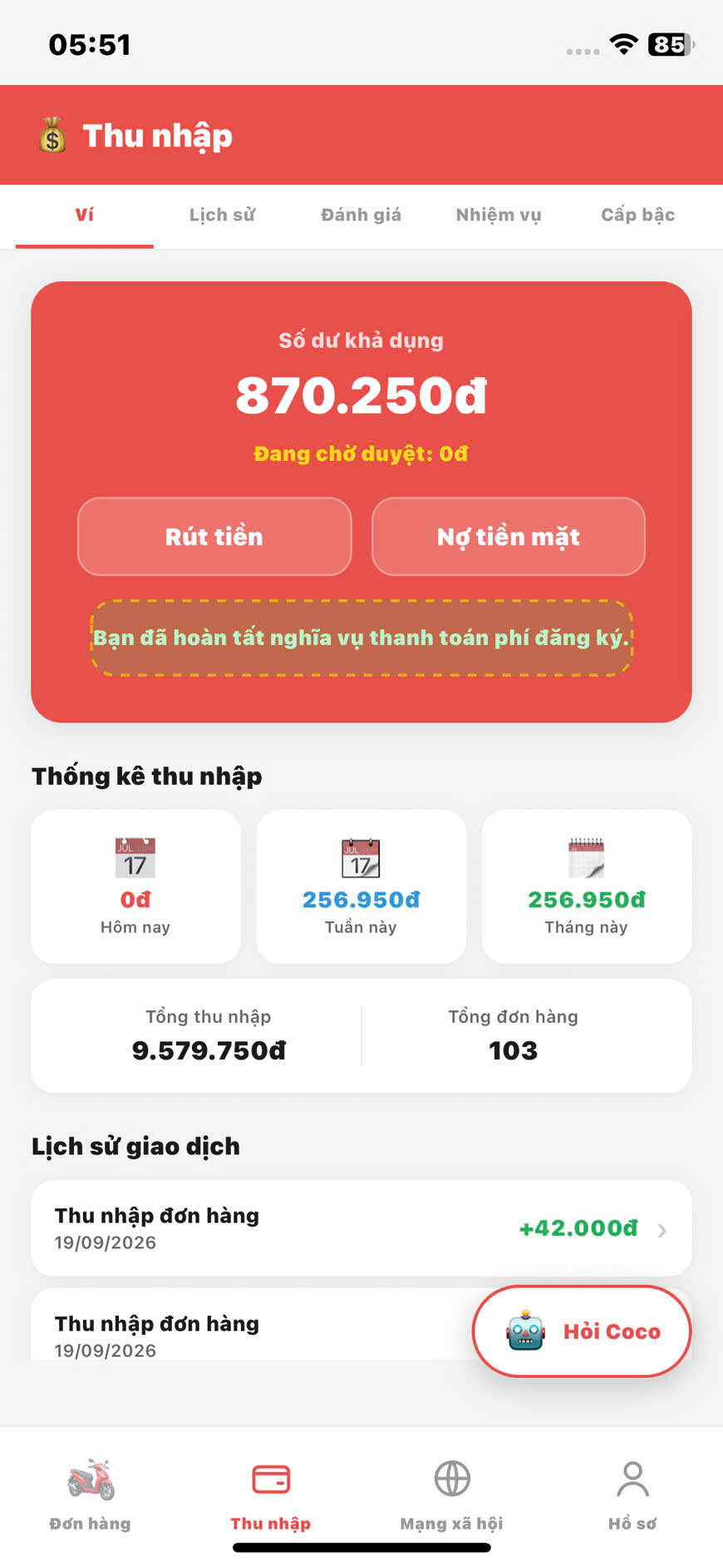 Số dư 870.250đ và thống kê thu nhập